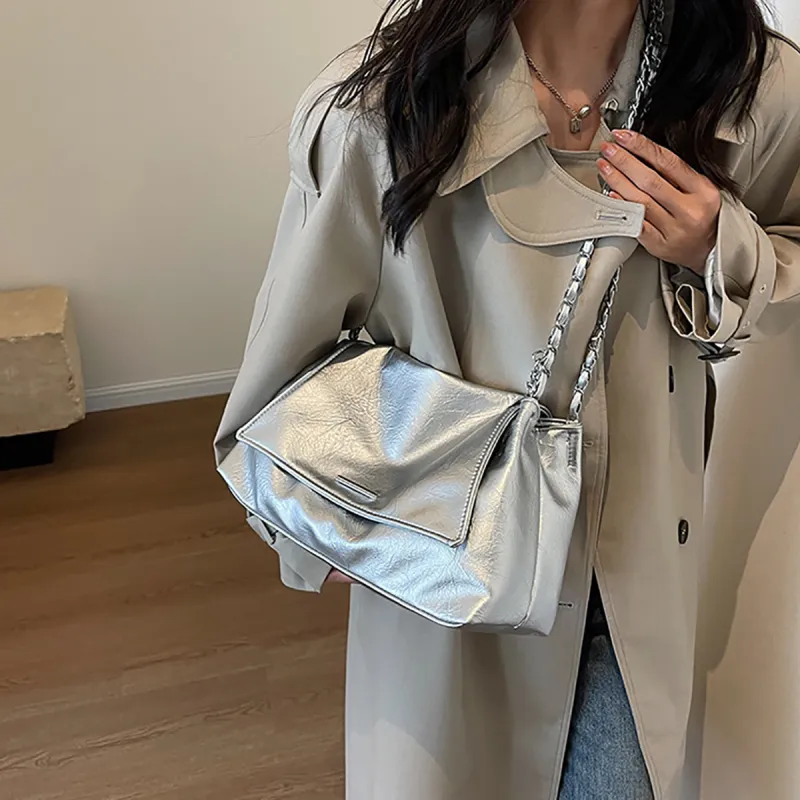 PT'SON Synthetic Leather Shoulder Bag Women's Silver/White-2