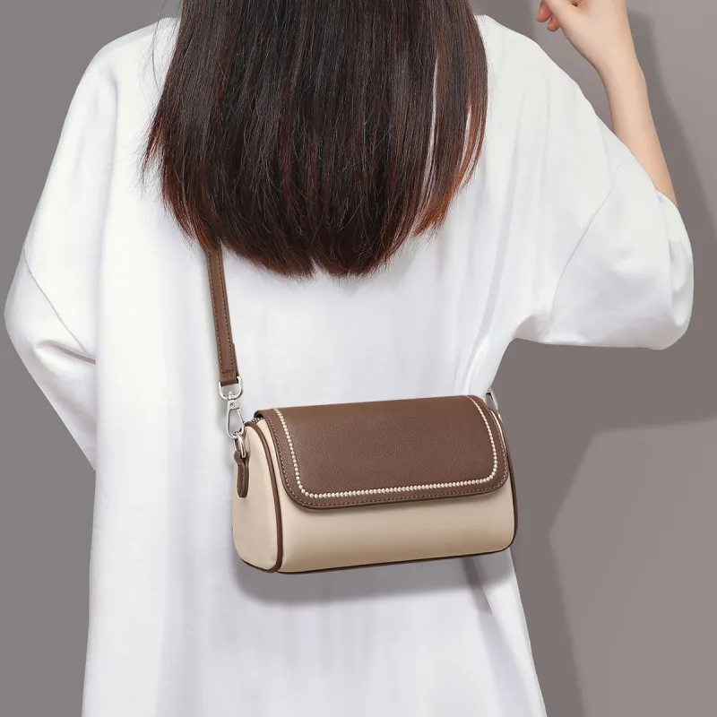 PT'SON Cow Leather Shoulder Bag, Crossbody Bag Regular Women's Ecru & Coffee-1