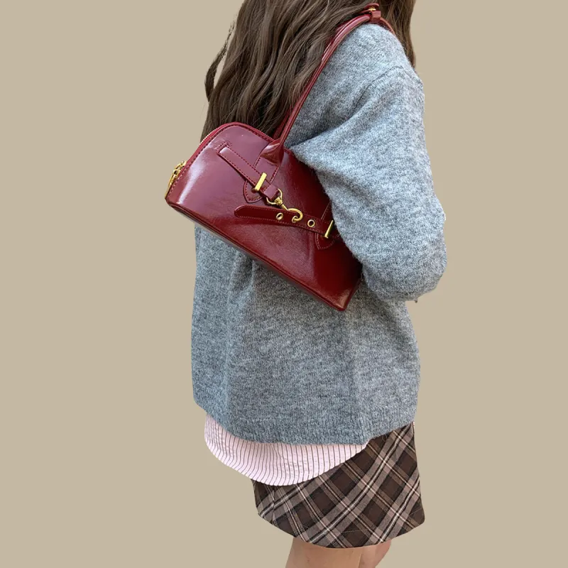 PT'SON Synthetic Leather Portable Underarm Shoulder Bag, Bowling Bag Regular Women's Burgundy/Coffee-2