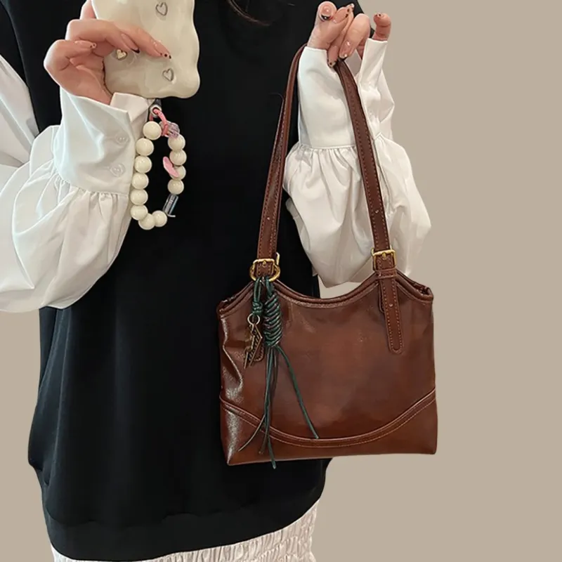 PT'SON Synthetic Leather Underarm Shoulder Bag, Handbag, Tote Bag Regular Women's Brown/Red-4