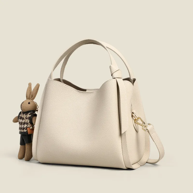 PT'SON Cow Leather Basket Bag, Bucket Bag, Handbag, Crossbody Bag, Shoulder Bag Regular Women's Elephant Gray/Ecru-8