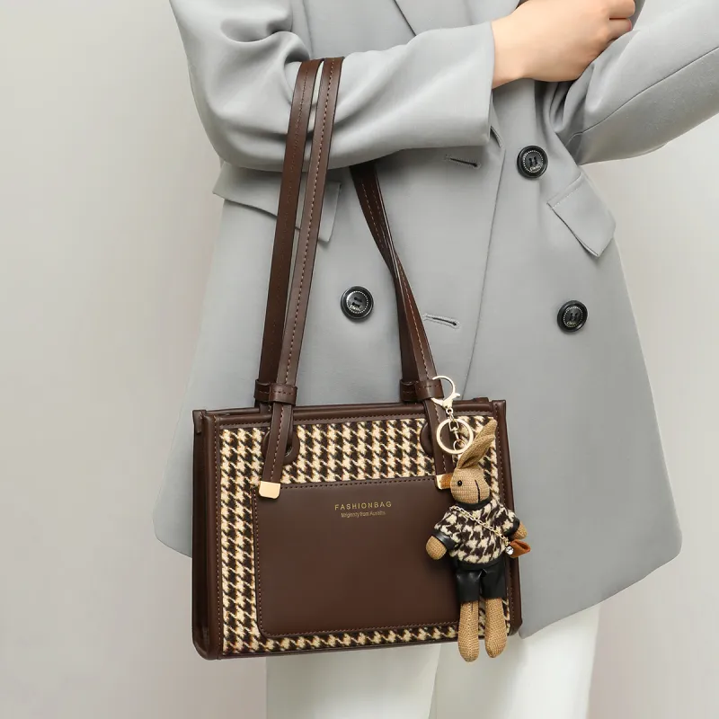 PT'SON Woolen With Synthetic Leather Portable Underarm Shoulder Bag Regular Women's Coffee-2