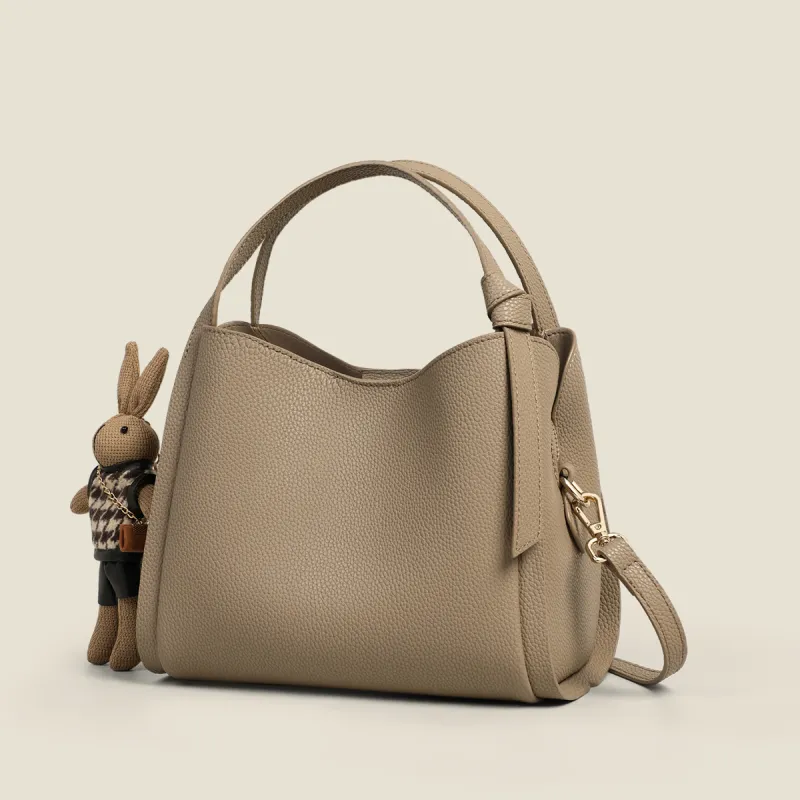 PT'SON Cow Leather Basket Bag, Bucket Bag, Handbag, Crossbody Bag, Shoulder Bag Regular Women's Elephant Gray/Ecru-2