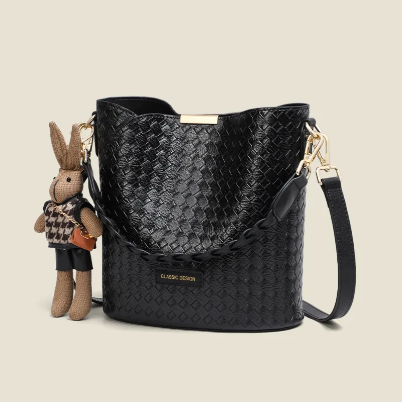 PT'SON Cow Leather Bucket Bag, Shoulder Bag, Crossbody Bag, Handbag Regular Women's Black-2
