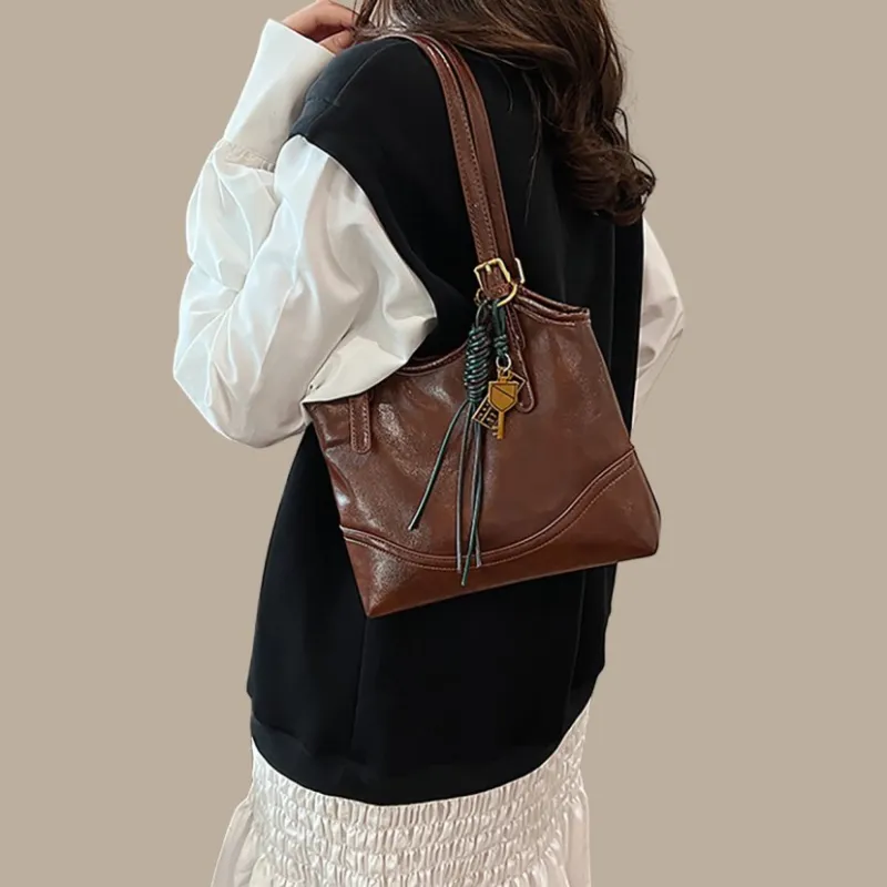 PT'SON Synthetic Leather Underarm Shoulder Bag, Handbag, Tote Bag Regular Women's Brown/Red-1
