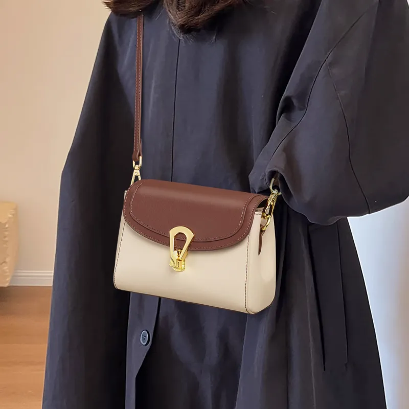 PT'SON Cow Leather Shoulder Bag, Crossbody Bag, Small Square Bag Regular Women's Ecru & Coffee-2