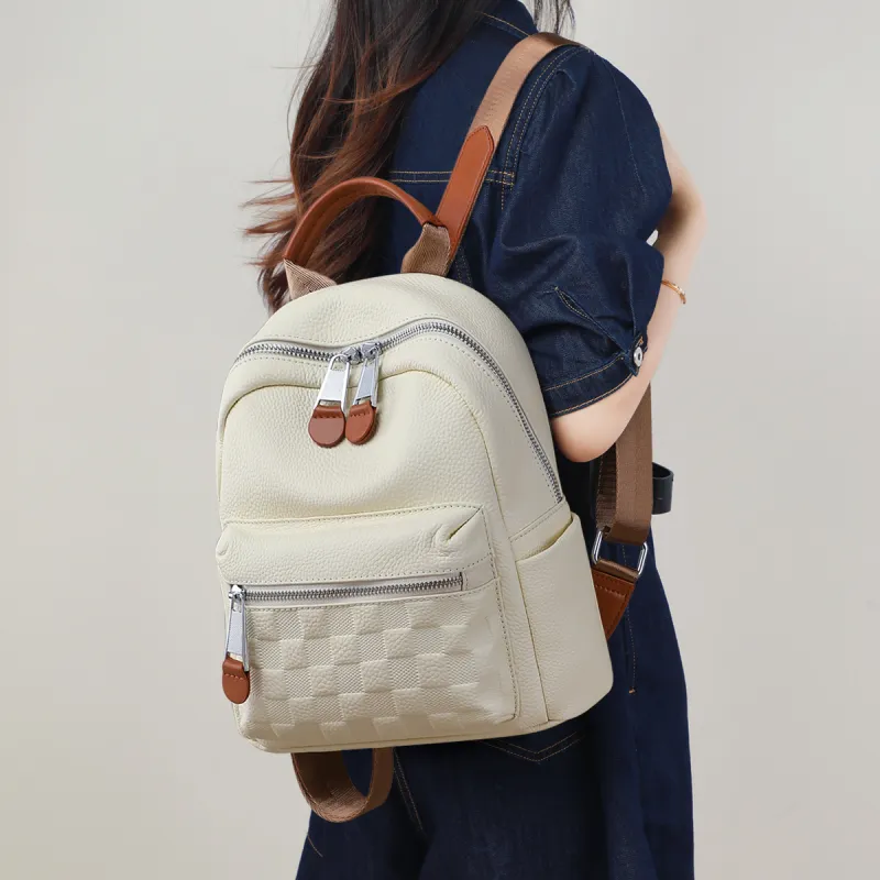 PT'SON Cow Leather Backpack Regular Women's White/Black-7