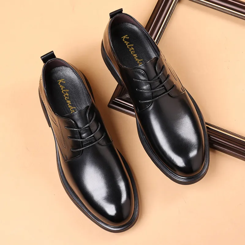 Kaltendin Top Grain Cow Leather Minimalist Style Lace Up Business Commute Vintage Casual Shoes Men's Black-4