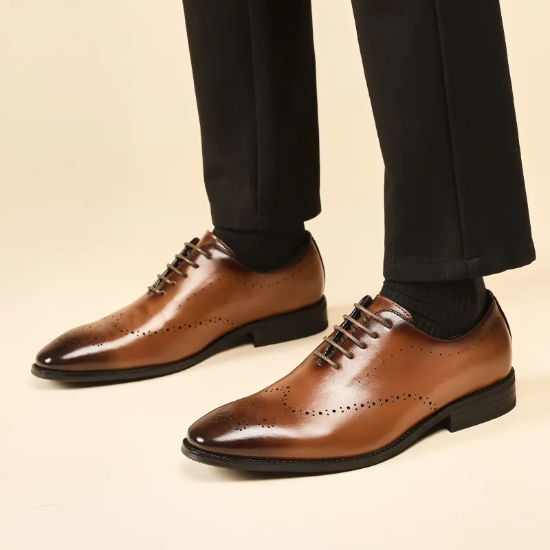 Kaltendin Cow Leather Pointed Toe Vintage Brogues Dress Shoes Men's Black-11