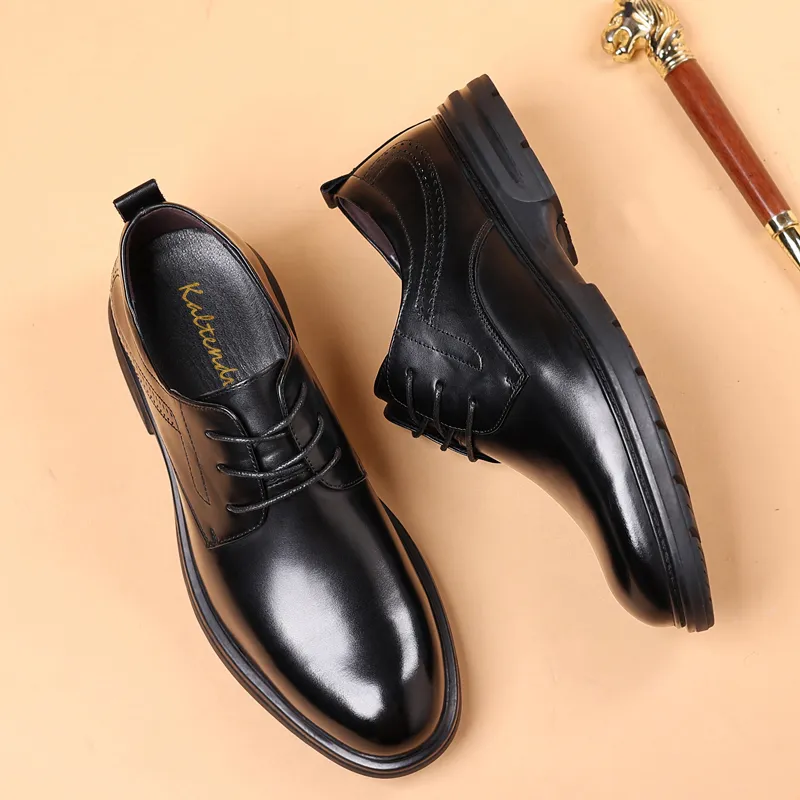 Kaltendin Top Grain Cow Leather Minimalist Style Lace Up Business Commute Vintage Casual Shoes Men's Black-3