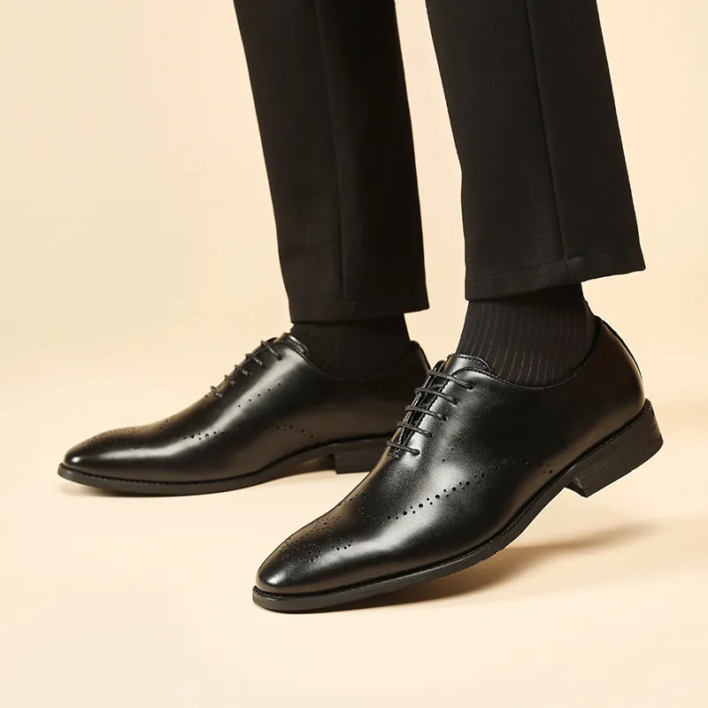 Kaltendin Cow Leather Pointed Toe Vintage Brogues Dress Shoes Men's Black-5