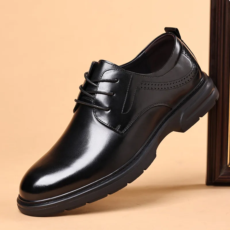 Kaltendin Top Grain Cow Leather Minimalist Style Lace Up Business Commute Vintage Casual Shoes Men's Black-5
