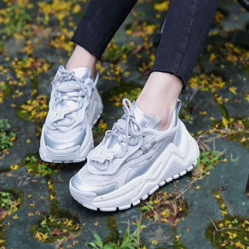 Daisy Fellowes Devil One Wear Resistant Height Increasing Low Top Chunky Sneakers Unisex Silver-9