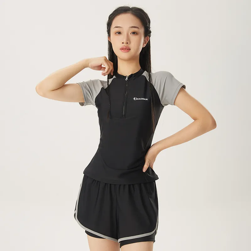 QIAODAN Two Piece Swimsuit Women's Two Piece Set Black Gray-2