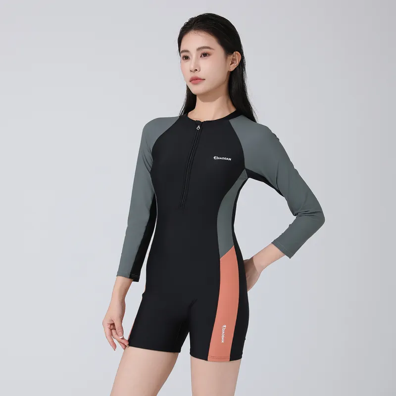 QIAODAN Boxer One Piece Swimsuit Women's Black Green-4