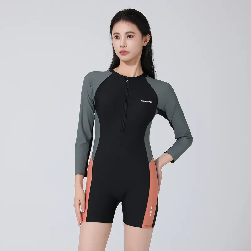 QIAODAN Boxer One Piece Swimsuit Women's Black Green-2