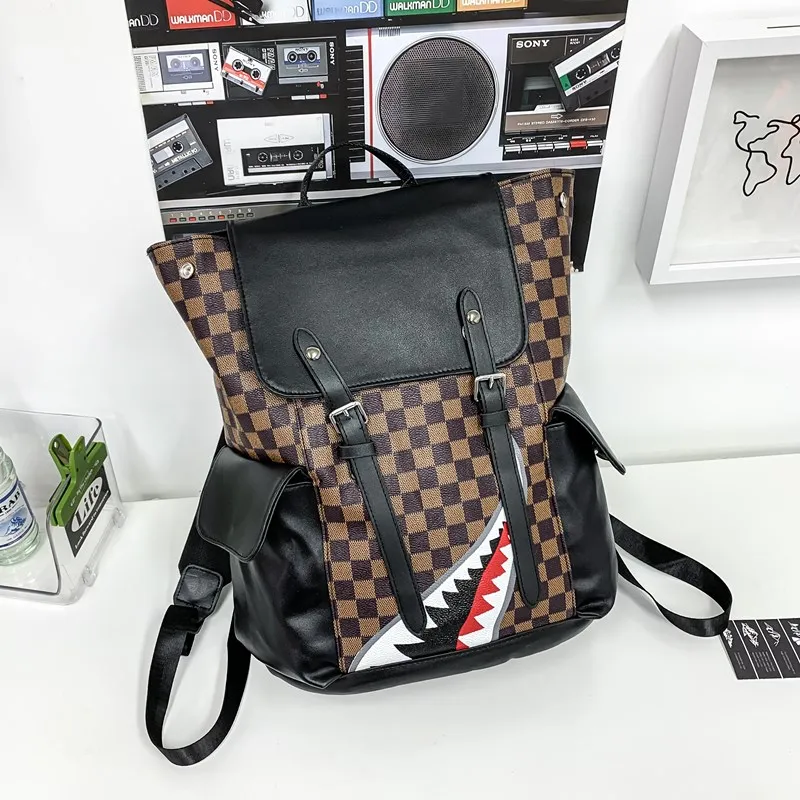 Yalu PU Backpack Unisex Black And Gray Plaid/Brown Plaid-4