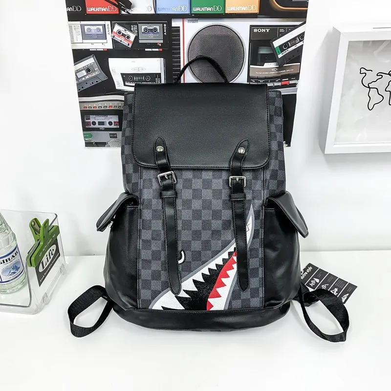 Yalu PU Backpack Unisex Black And Gray Plaid/Brown Plaid-2
