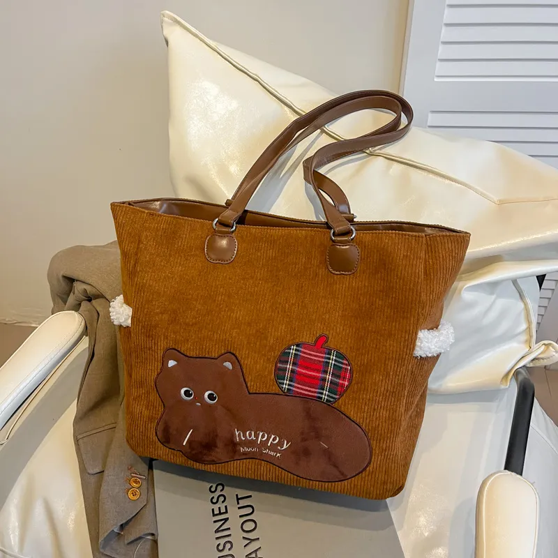 Yalu Corduroy Tote Bag, Shoulder Bag Women's White/Brown/Coffee-5