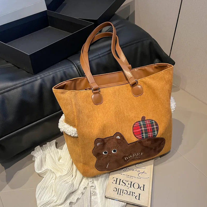 Yalu Corduroy Tote Bag, Shoulder Bag Women's White/Brown/Coffee-3