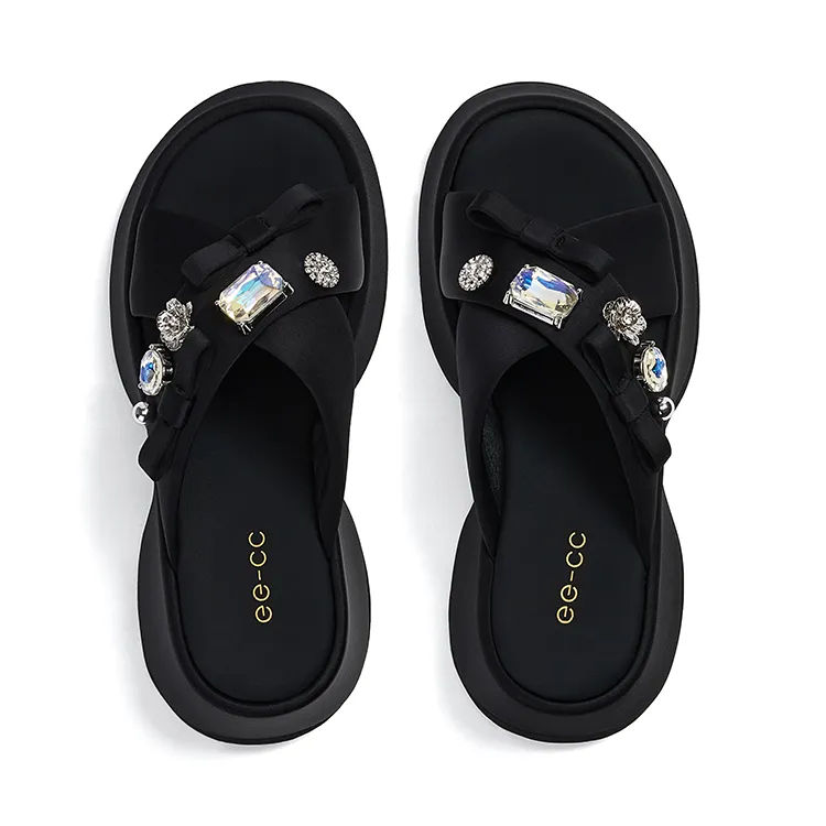 GG CC Slip Resistant Rhinestone Outerwear Slide Slippers Women's Black-2