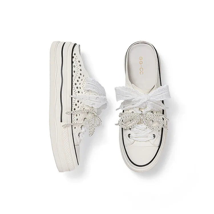 GG CC Slip Resistant Abrasion Resistant Cut Out Beads Breathable Closed Toe Slippers Women's White-1