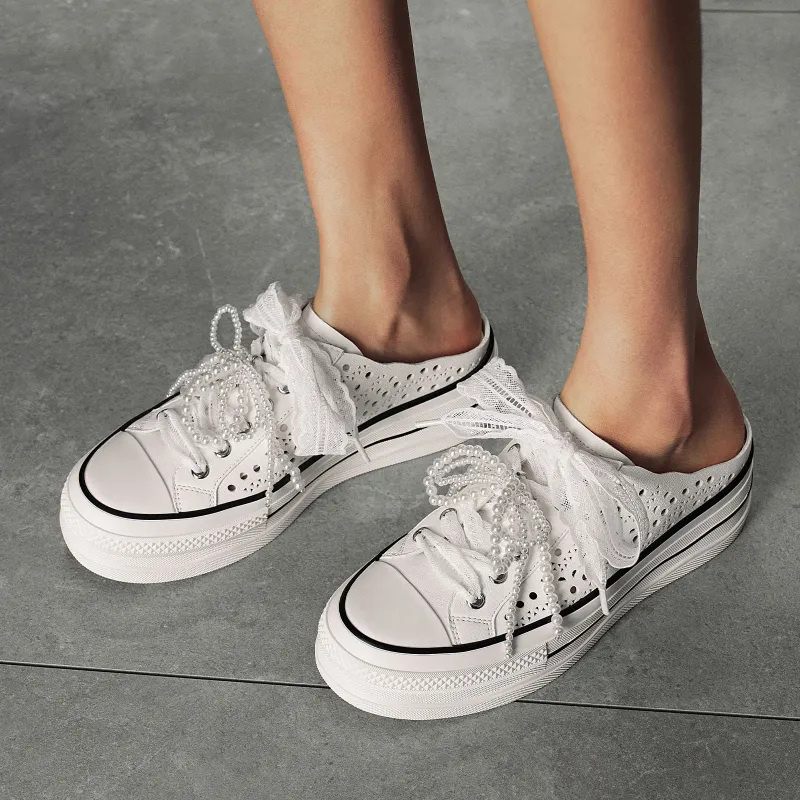 GG CC Slip Resistant Abrasion Resistant Cut Out Beads Breathable Closed Toe Slippers Women's White-7