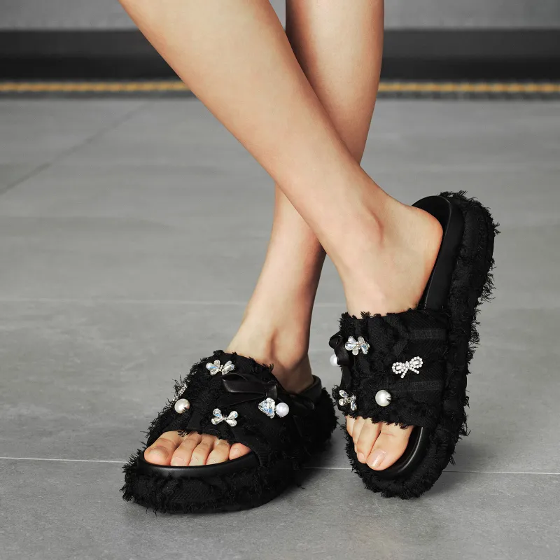 GG CC Fringe Slip Resistant Abrasion Resistant Fashion Slide Slippers Women's Black-7