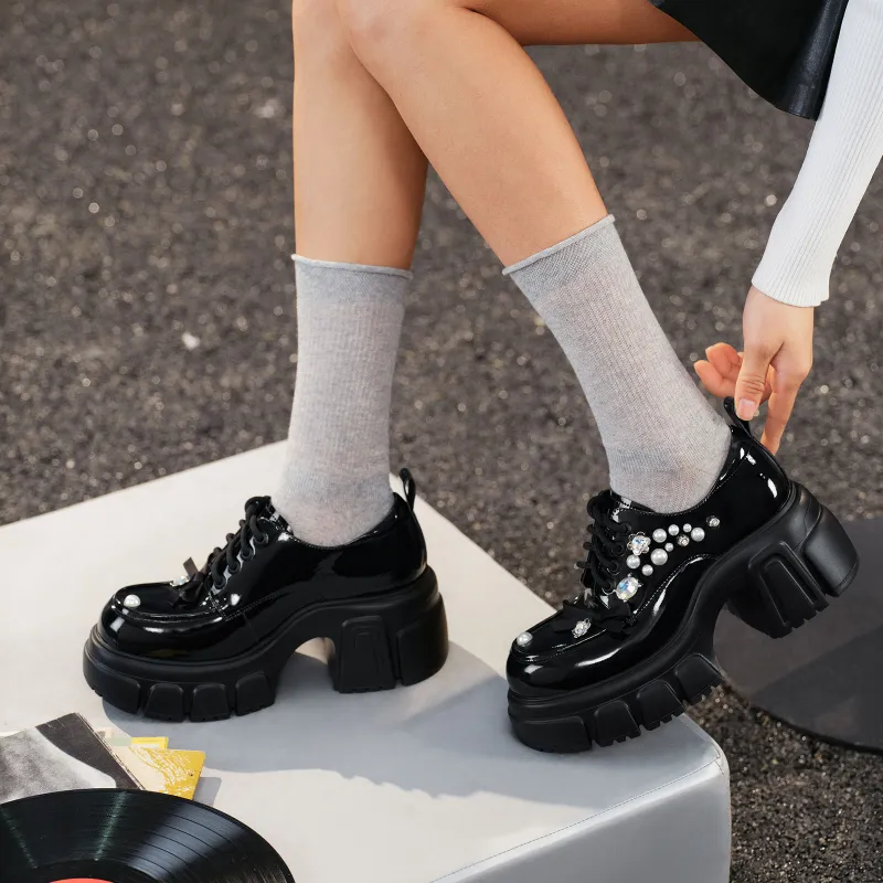 GG CC Rhinestone Small Leather Shoes Vintage Platform Loafers 7.5cm Women's Black-5