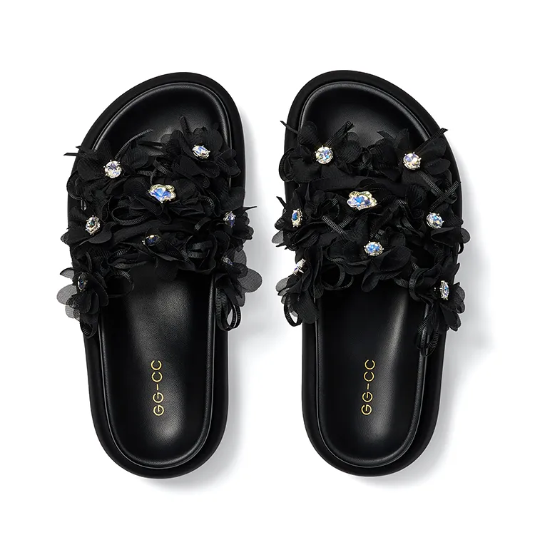 GG CC Slip Resistant Abrasion Resistant Platform Slide Slippers Women's Black-2