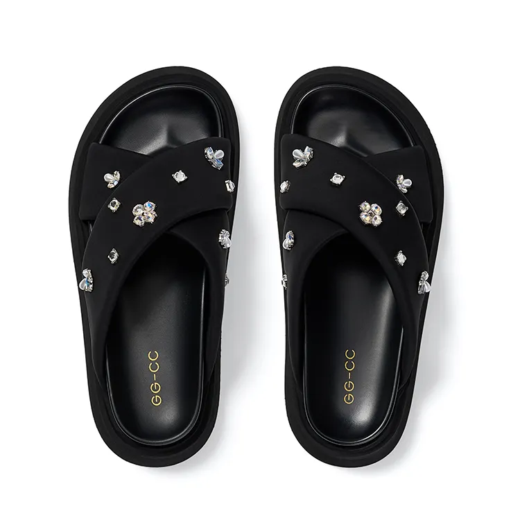GG CC Rhinestone Slip Resistant Abrasion Resistant Cushioning Platform Slide Slippers Women's Black-2