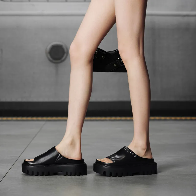 GG CC Platform Height Increasing Slide Slippers Women's Black-6