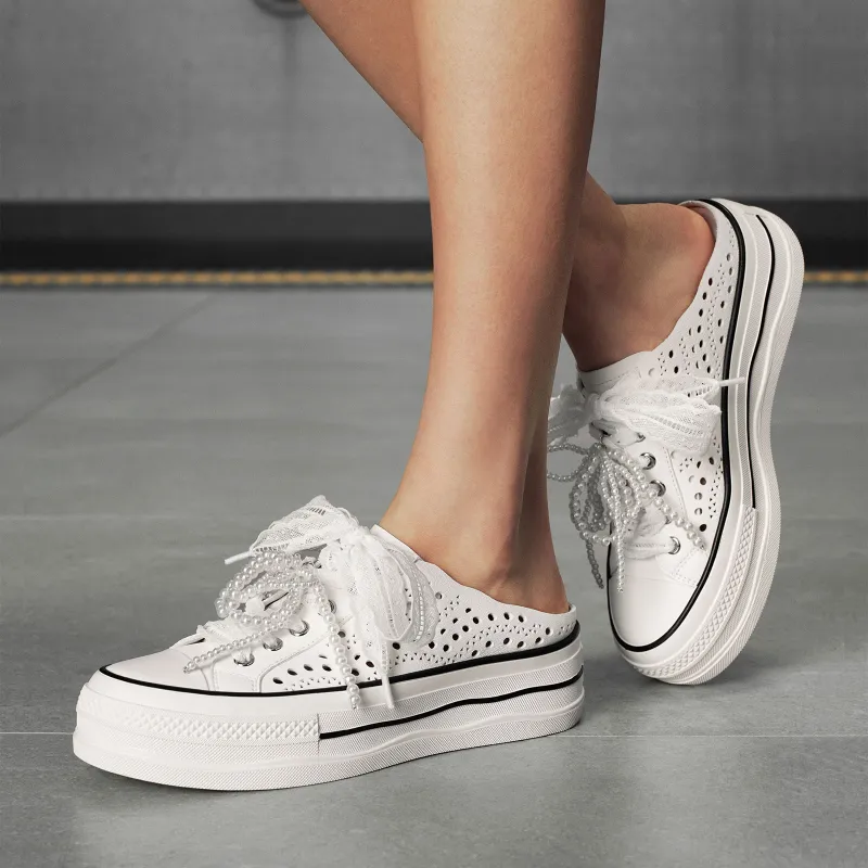 GG CC Slip Resistant Abrasion Resistant Cut Out Beads Breathable Closed Toe Slippers Women's White-6