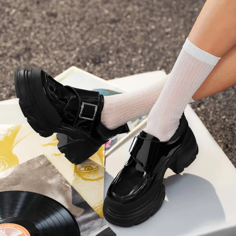 GG CC Chunky Heel High Heels 7cm Women's Black-5