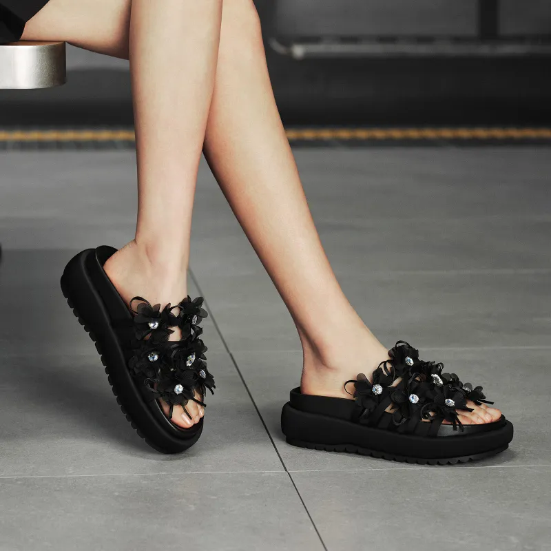 GG CC Slip Resistant Abrasion Resistant Platform Slide Slippers Women's Black-5