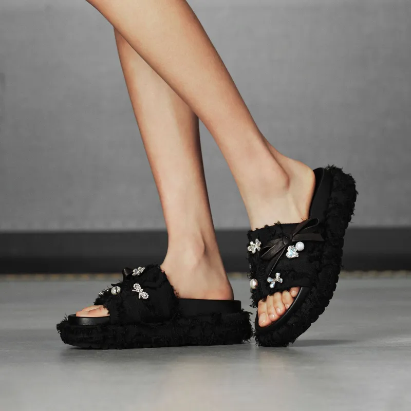 GG CC Fringe Slip Resistant Abrasion Resistant Fashion Slide Slippers Women's Black-6