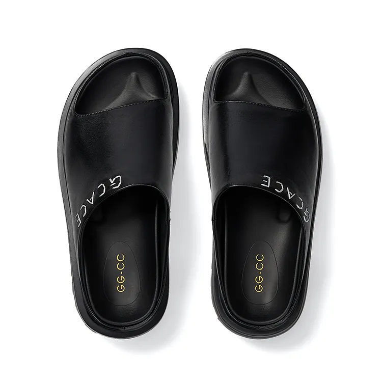 GG CC Platform Height Increasing Slide Slippers Women's Black-1
