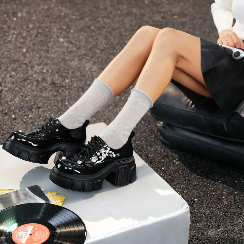 GG CC Rhinestone Small Leather Shoes Vintage Platform Loafers 7.5cm Women's Black-6
