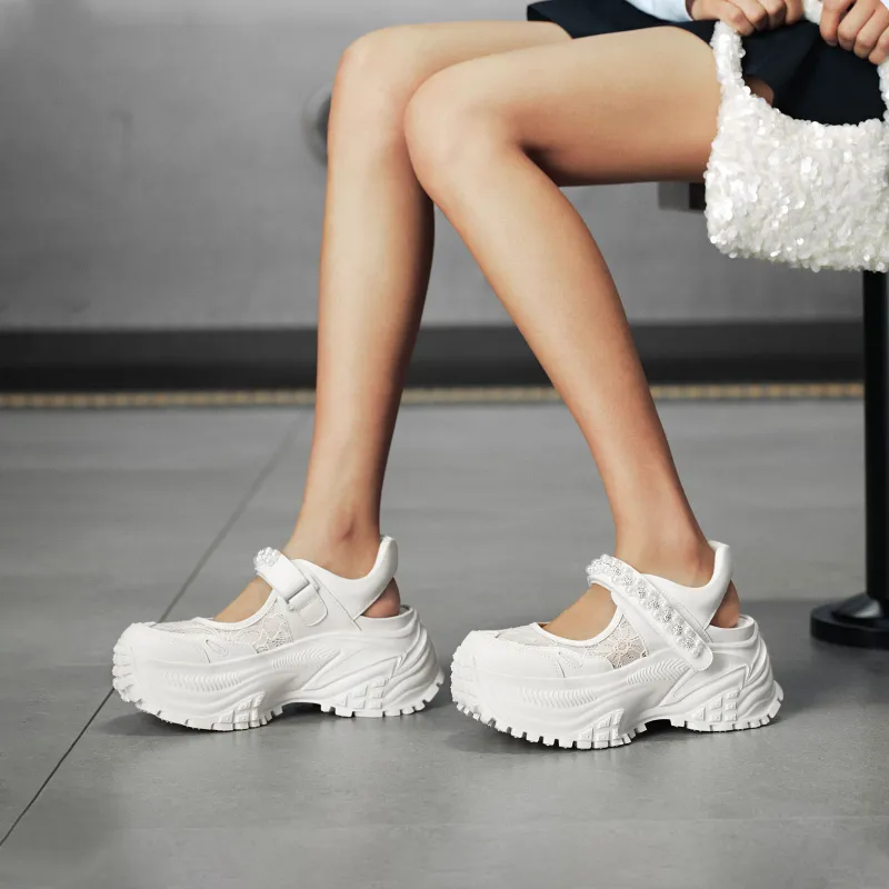GG CC Fashion Mary Jane Casual Chunky Slippers Women's White-5