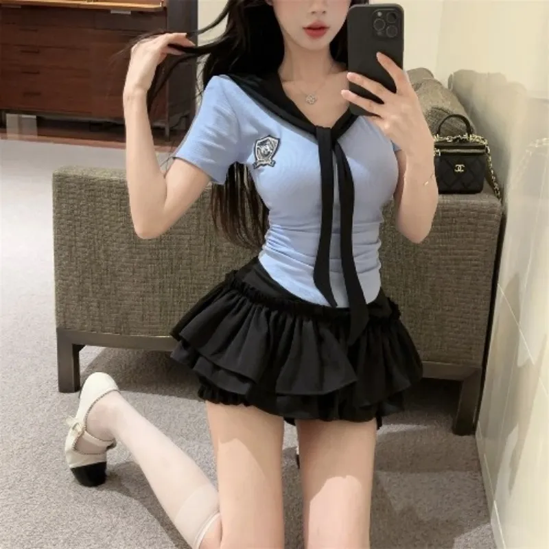 XIANSINIAO Two Piece Skirt Sets Women's Clothing Sets Short Sleeved+Short Skirt-4