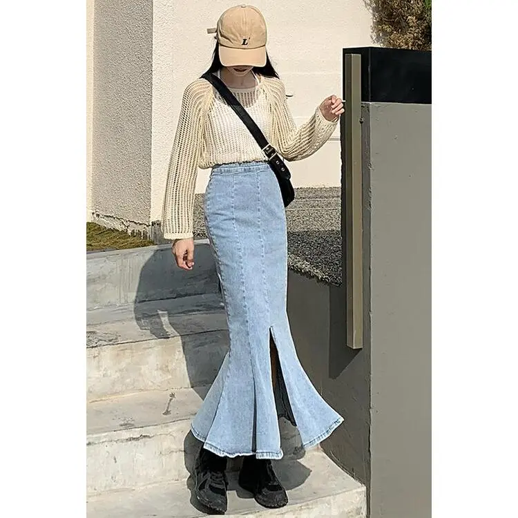 XIANSINIAO Denim Long Skirt Women's-3
