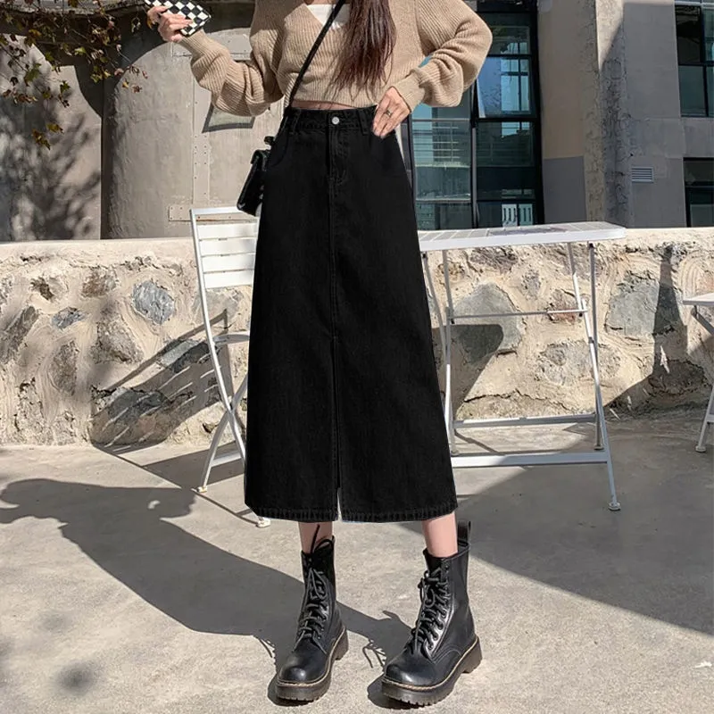 XIANSINIAO Denim Long Skirt Women's Black-4