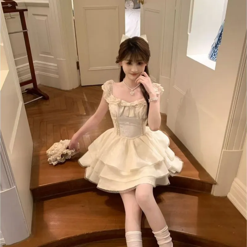 XIANSINIAO Slip Dresses Women's Apricot Princess Dress+Bowknot Pin Detachable-3