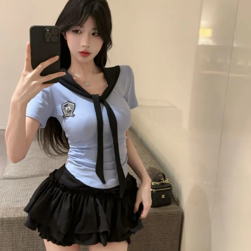 XIANSINIAO Two Piece Skirt Sets Women's Clothing Sets Short Sleeved+Short Skirt-2