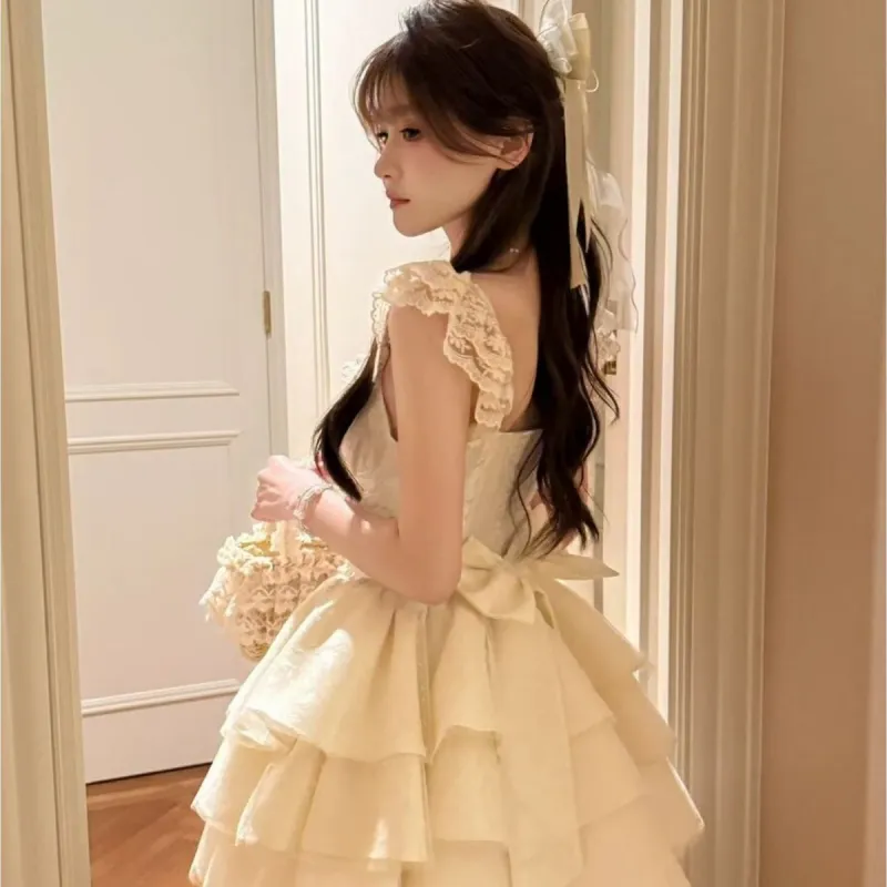XIANSINIAO Slip Dresses Women's Apricot Princess Dress+Bowknot Pin Detachable-1