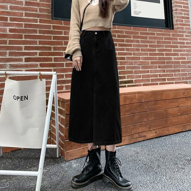 XIANSINIAO Denim Long Skirt Women's Black-1