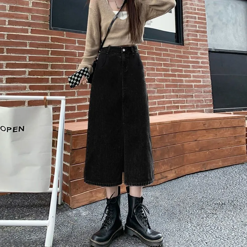 XIANSINIAO Denim Long Skirt Women's Black-3