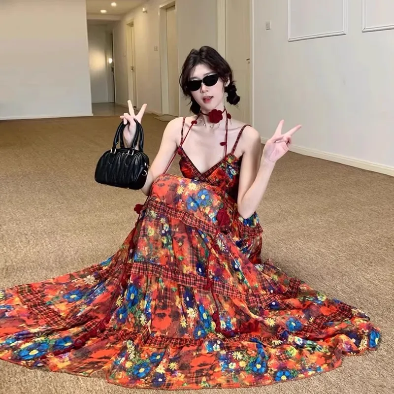 XIANSINIAO Slip Dresses Women's Printed Dress With Sleeve-4