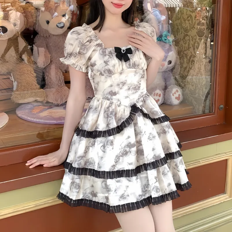 XIANSINIAO Short Sleeved Dress Women's Marble Rose-2
