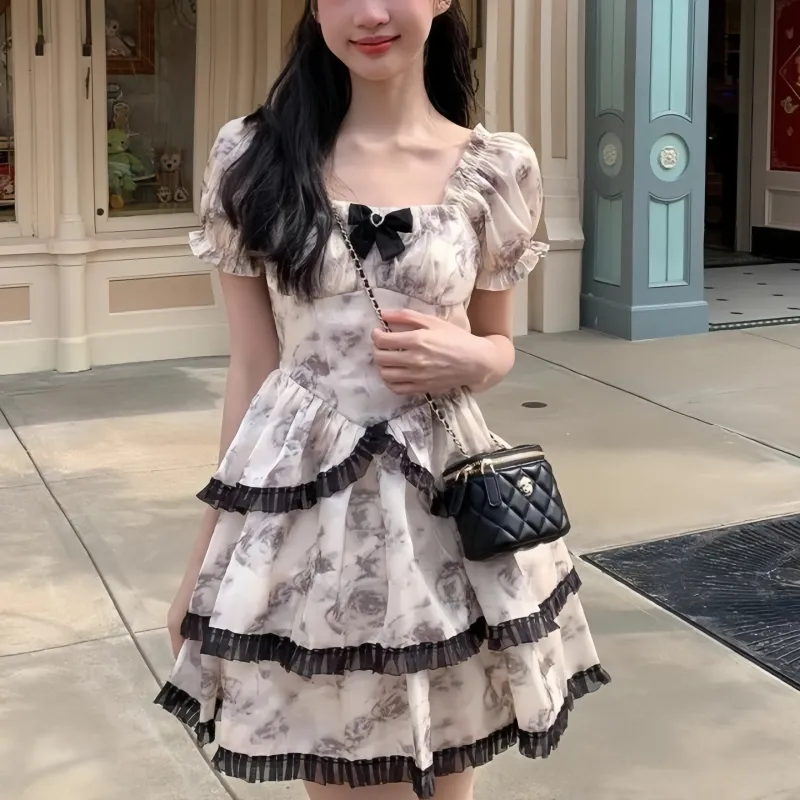 XIANSINIAO Short Sleeved Dress Women's Marble Rose-3
